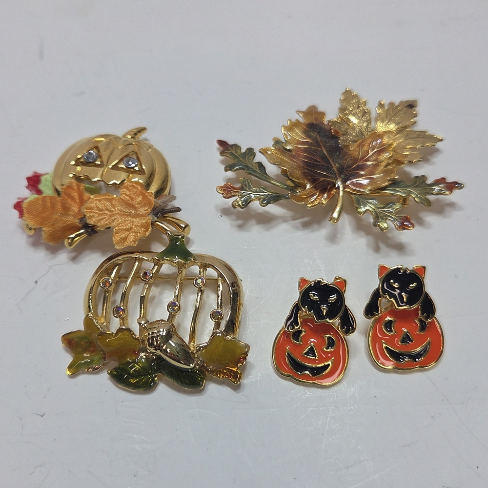 4pc fall harvest autumn pumpkin acorn black cat brooches pins costume halloween